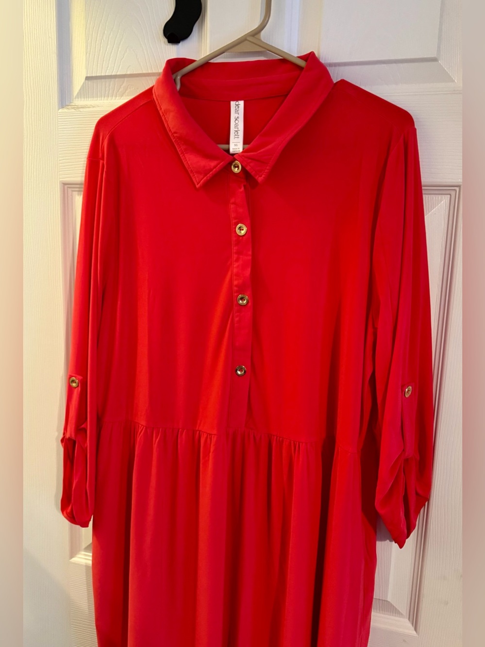 Button-Front Red Dress with Roll-Tab Sleeves - Picture 4 of 6